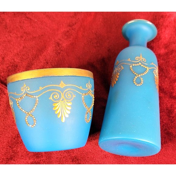 Blue Opaline Glass French Vase and Bowl with Gold Accent Gorgeous Set!  CT302 - Picture 2 of 13